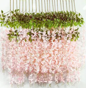 6-Piece Dense Pink Silk Artificial Wisteria Flower Set, 3.6ft Hanging Vine Ornaments with Rattan String Garland, Decorative Plants for Home Room Wedding Wall Decor