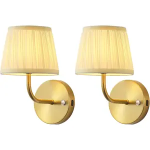 LED Cordless Gold H9.6 inch Small Wall Sconces Set of 2, Rechargeable 5200mAh Battery Operated Fabric Wall Lamp with Remote, Lighting for Hallway, Living Room, Bedroom, Bathroom, Stairs, Kitchen