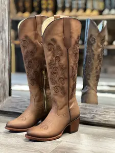 204 ROMINA MIEL WOMEN’S BROWN EMBROIDERED COWBOY BOOTS – WESTERN KNEE-HIGH COWGIRL BOOTS