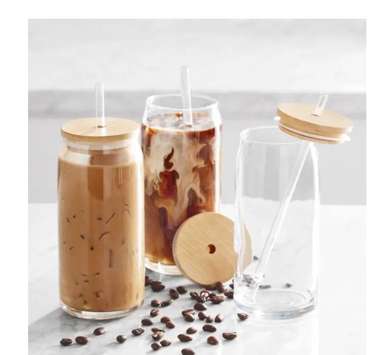 Briar Can Glass Drinkware Set of 4 - Includes Lids and Straws