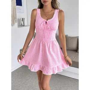Pink Gingham Lace Trim Mini Dress for Women, Summer Sleeveless Corset Style Sundress, Cute Ruffle Hem A-Line Dress with Bow Tie