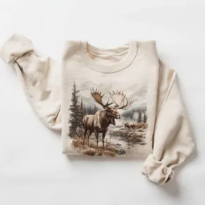 Retro Bull Moose Wilderness Scene Sweatshirt - 90s Moose Wildlife - Winter Mountain Creek - Unisex Cotton Pullover