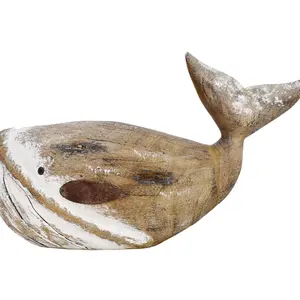 Wooden Whale Decor Tabletop Nautical Decor Solid Wood Whales Statue Sculpture Standing Coastal Decor Beach Figurines for Home Sea Decor for Bathroom Ocean Theme House Decor 8 Inches Tall