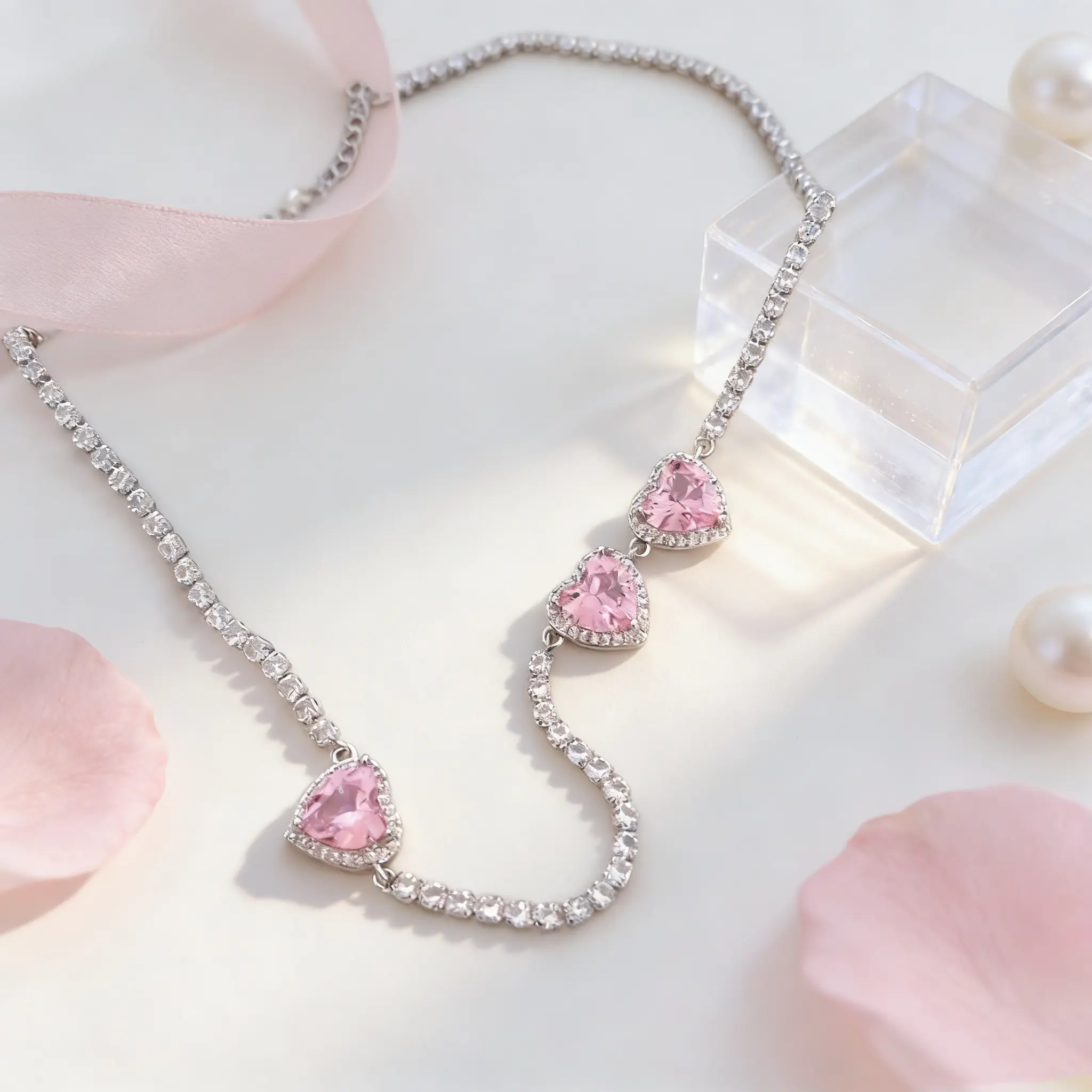 Pink Heart Cubic Zirconia Choker Necklace for Women, 3 Heart & 9 Heart Options, Shiny CZ Pendant,Romantic Cute Fashion Accessory, Perfect Gift for Her on Birthday, Valentine's Day, Anniversary, Date Night & Daily Wear, Heart Necklaces, Accessory Must Have