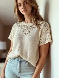 Women's Beige Hollow Crochet Knit Short Sleeve T-Shirt, Knitwear, a light and mature style French hollow knit top, made of breathable fabric, slimming and heightening, a casual style, suitable for summer wear, perfect for travel, vacation