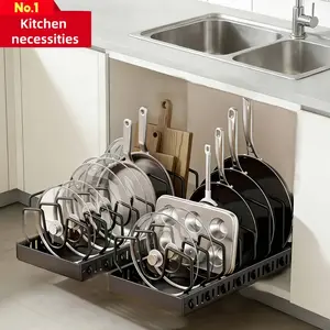 Pull Out Pot Lids Organizer Rack, 2pcs Pots And Pans Organizer for Under Cabinet, Pot Lid Holder with 8 Adjustable Compartment for Kitchen Cabinet Cookware Baking