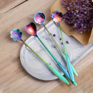 Set of 4 Stainless Steel Flower-Shaped Coffee Spoons, Rainbow Colorful Handles, Long Handle Design, Tea Scoop, Perfect for Desserts Tea Coffee