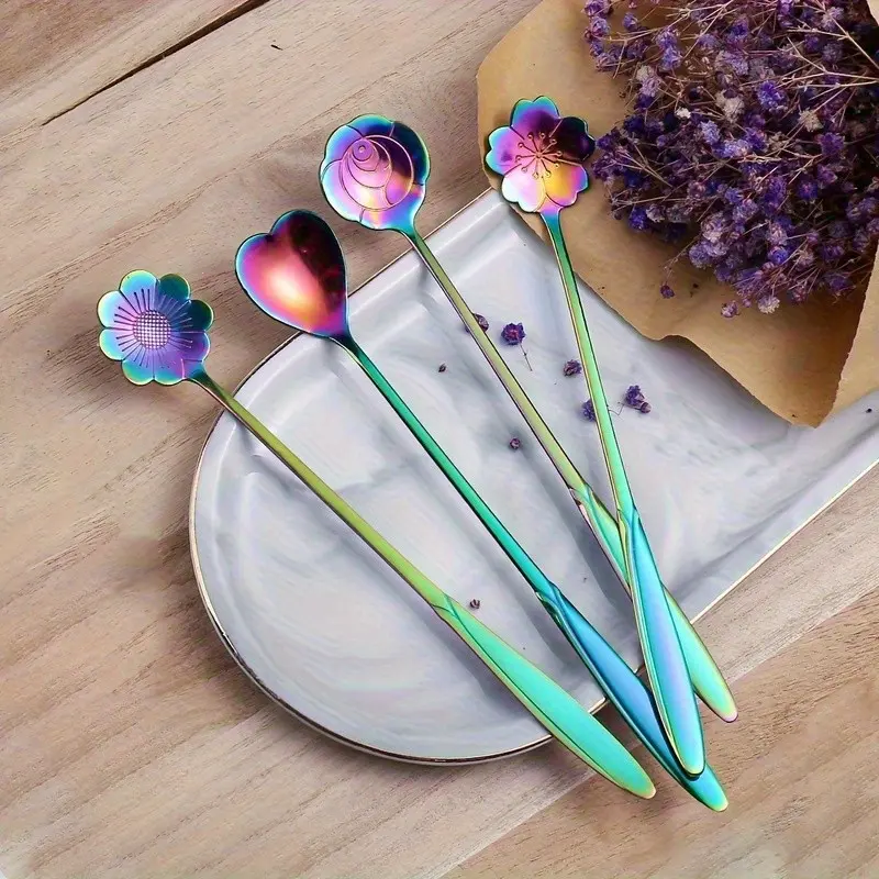 Set of 4 Stainless Steel Flower-Shaped Coffee Spoons, Rainbow Colorful Handles, Long Handle Design, Tea Scoop, Perfect for Desserts Tea Coffee Utensils