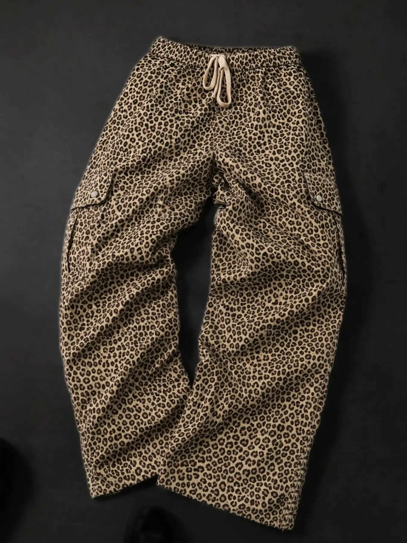 Men's Pink Leopard Cargo Pants for Streetwear Outfits, Drawstring Elastic Waist, Side Pockets, Wide Leg Jogger Alternative