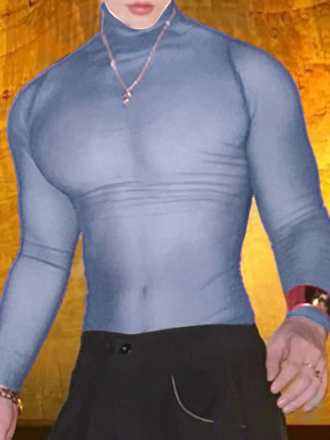 INCERUN Men's Fashion Casual Streetwear, Transparent Mesh Plain Long Sleeve High Neck Polyester T-Shirt, Perfect for Daily Wear, Comfortable and Stylish
