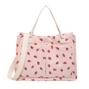 Women's Tote Bag Strawberry Print Canvas Student Shoulder Handbag Large Capacity Multi-Pocket Travel Purse Casual Daily Use Durable Totebag