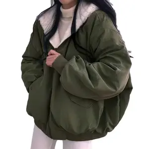 Winter Thicken Warm Women's Fashion Double Sided Hooded Fleece Coat Ladies Korean Loose Long Sleeve Zip Up Jackets Gray Long Sleeve Jacket