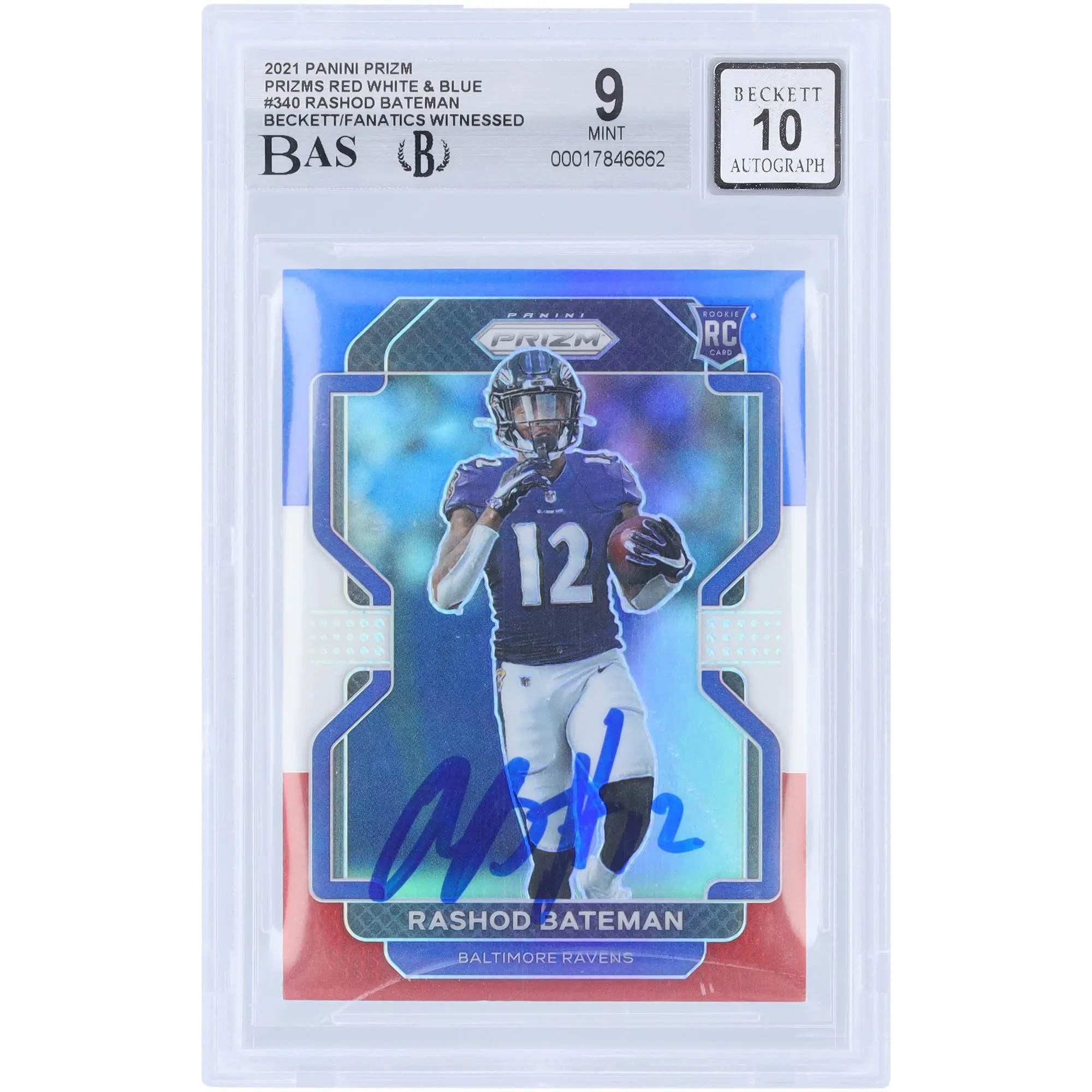 Rashod Bateman Baltimore Ravens Autographed 2021 Panini Prizm Red White & Blue Prizm #340 Beckett Fanatics Witnessed Authenticated 9/10 Rookie Card - Fanatics Authentic Certified