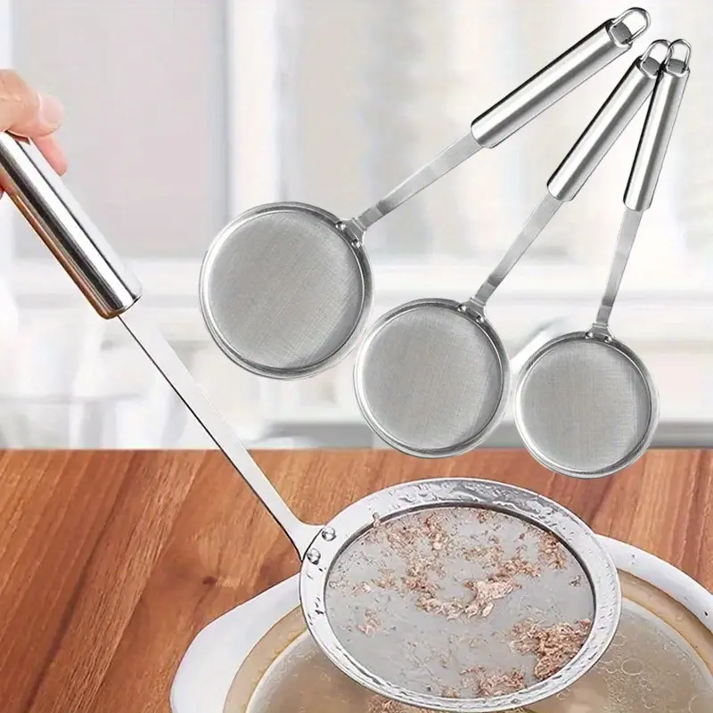 3PCS Stainless Steel Fine Mesh Food Filter for Skimming Grease,Gravy and Foam,Hot Pot Grease Skimming Spoon,Long Handle Filter,Kitchen Accessories supplies