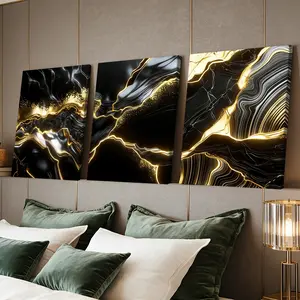 3 Counts Wooden Framed Canvas Painting, Luxury Black And Gold Abstract Fluid Images, Exquisite Poster, Perfect Gift, Decor For Living Room, Bedthroom, Modern Art, Modern Home Decor, Fashion Family Poster, Wall Art Decoration