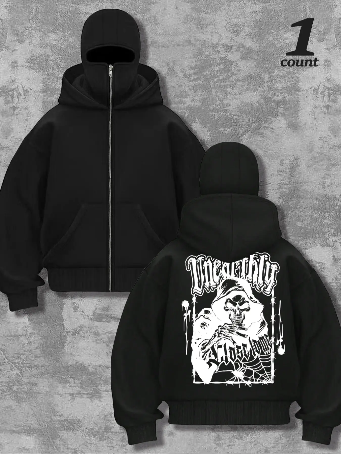 Men's Stylish Death Skull Graphic Balaclava Hoodie with Dual Layer Design, Casual Fitted Sweater for Fall & Winter, Comfortable Sportswear for Outdoor Activities