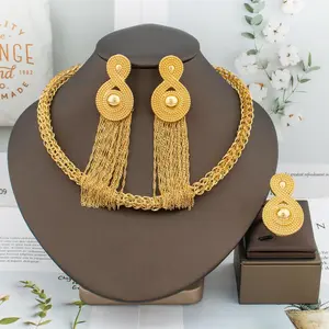 African Fashion Earrings Necklace Ring Jewelry Set for Women Luxury Gold Color Tassel Earrring 8 Shape Design Italy Wedding Gift