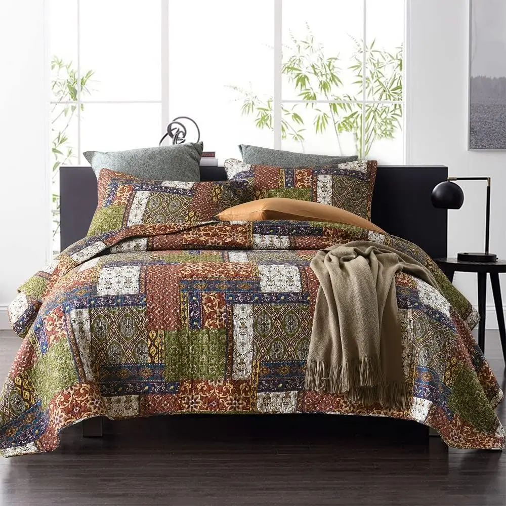 Cotton Bedspread Quilt Sets Reversible Coverlet Sets Comforters  Bohemian Patchwork Bedspread (Brown,  Size)