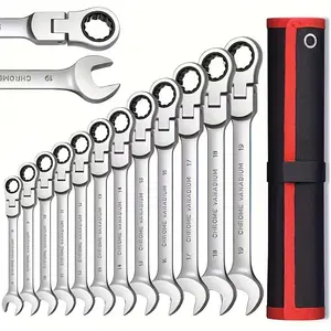 12PCS Flexible Ratchet Combination Wrench Set, 8-19mm Metric 180° Swivel Head Spanner Kit, Chrome Vanadium Steel Hand Tools for Auto Bicycle Electrician Household Mechanical Repair