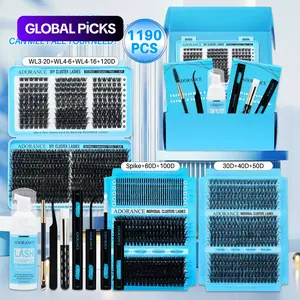 1190/540/350pcs Lash Clusters Kit, D Curl 10 Styles Mixed 10-18 mm Spikes/Natural/Volume with Bond & Seal, Lash Remover, Lash Brush, Lash Applicator, Lash Shampoo Brush and Eyelash Extension Tweezers, for Beginners and Pros, DIY at Home