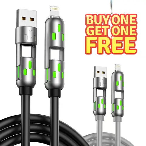 [Buy 1 get 1 free]4-in-1 USB-C Cable, PD Fast Charging, Data Sync, USB-A, Type-C, Lightning, Aluminum, Compatible,Variable lighting