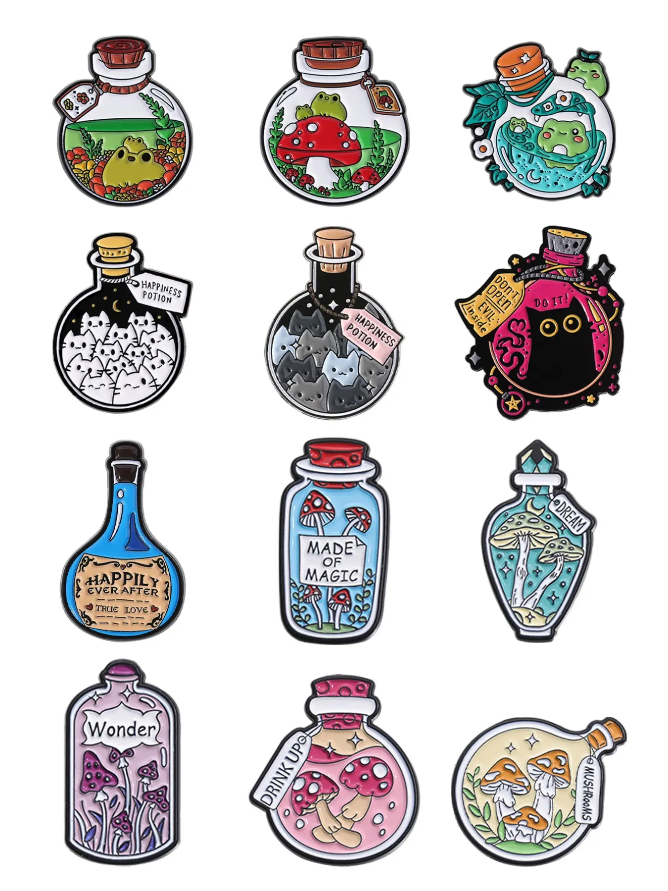 12 Magic Bottle Badge Set Cute Seal Series (Cat/Mushroom/Frog Wizard Style Collectibles/Backpack Charms Drop Set Pins Alloy Brooch Pin Decor Pins