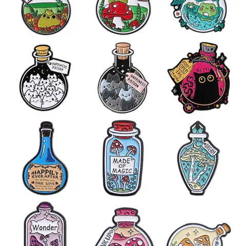 12 Magic Bottle Badge Set Cute Seal Series (Cat/Mushroom/Frog Wizard Style Collectibles/Backpack Charms Drop Set Pins Alloy Brooch Pin Decor Pins Brooch Pin Clip