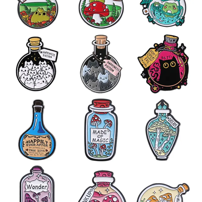 12 Magic Bottle Badge Set Cute Seal Series (Cat/Mushroom/Frog Wizard Style Collectibles/Backpack Charms Drop Set Pins Alloy Brooch Pin Decor Pins Brooch Pin Clip