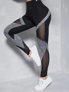 Two Tone Wide Waistband Top-Stitching Mesh Insert Leggings Yoga Women Pants Black High Waist Long Slight Stretch 90% Polyester 10% Elastane All Seasons