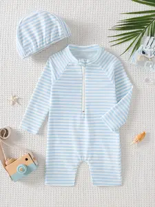 Boys' summer casual one-piece swimsuit, fresh striped sun protection wind, baby boys' blue and white striped one-piece swimsuit, half zipper+long sleeved design+matching sun hat, Valentine's Day gift, suitable for summer swimming, beach play, water park