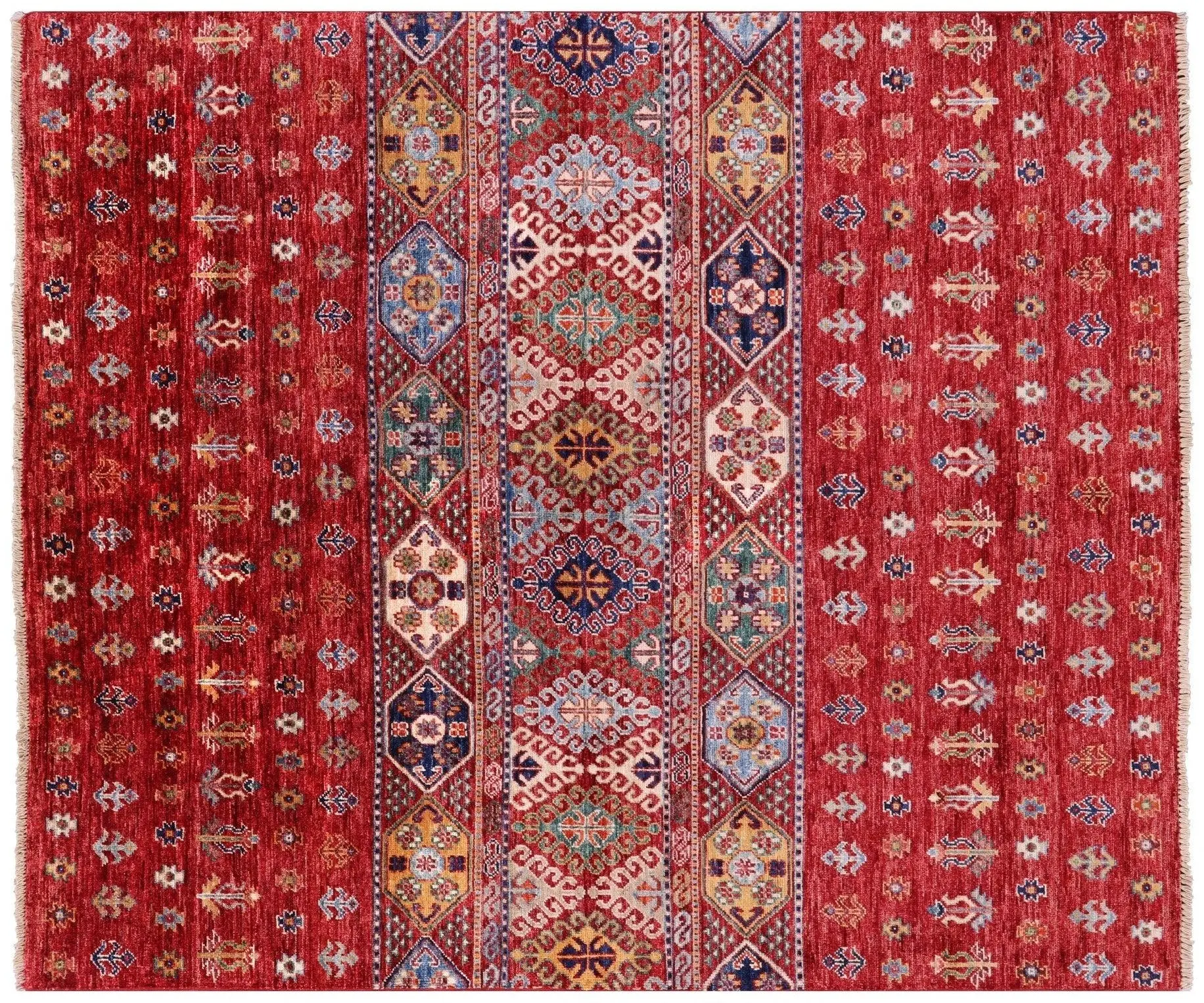 Red 5' 0" X 5' 9" Khorjin Tribal Hand-Knotted Rug - Q8032