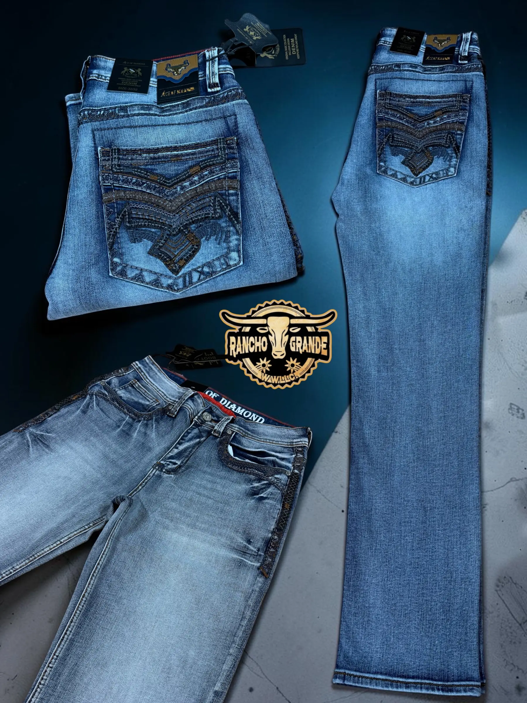 ACE 1525 Mens Western Cowboy Jeans Straight Fit Boot Cut / Pantalon Vaquero para Hombre Corte para Bota