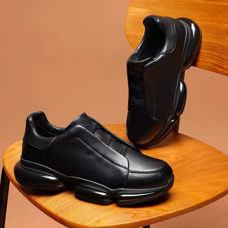 Modern Chunky Slip-On Sneakers – All-Black Premium Leather Trainers, Structural Bubble Sole Casual Shoes, Minimalist Urban Comfort Footwear