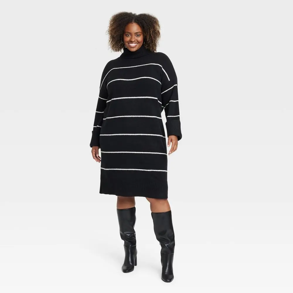 Women's Long Sleeve Cozy Knitted Midi Sweater Dress - Ava & Viv Black Striped 2X