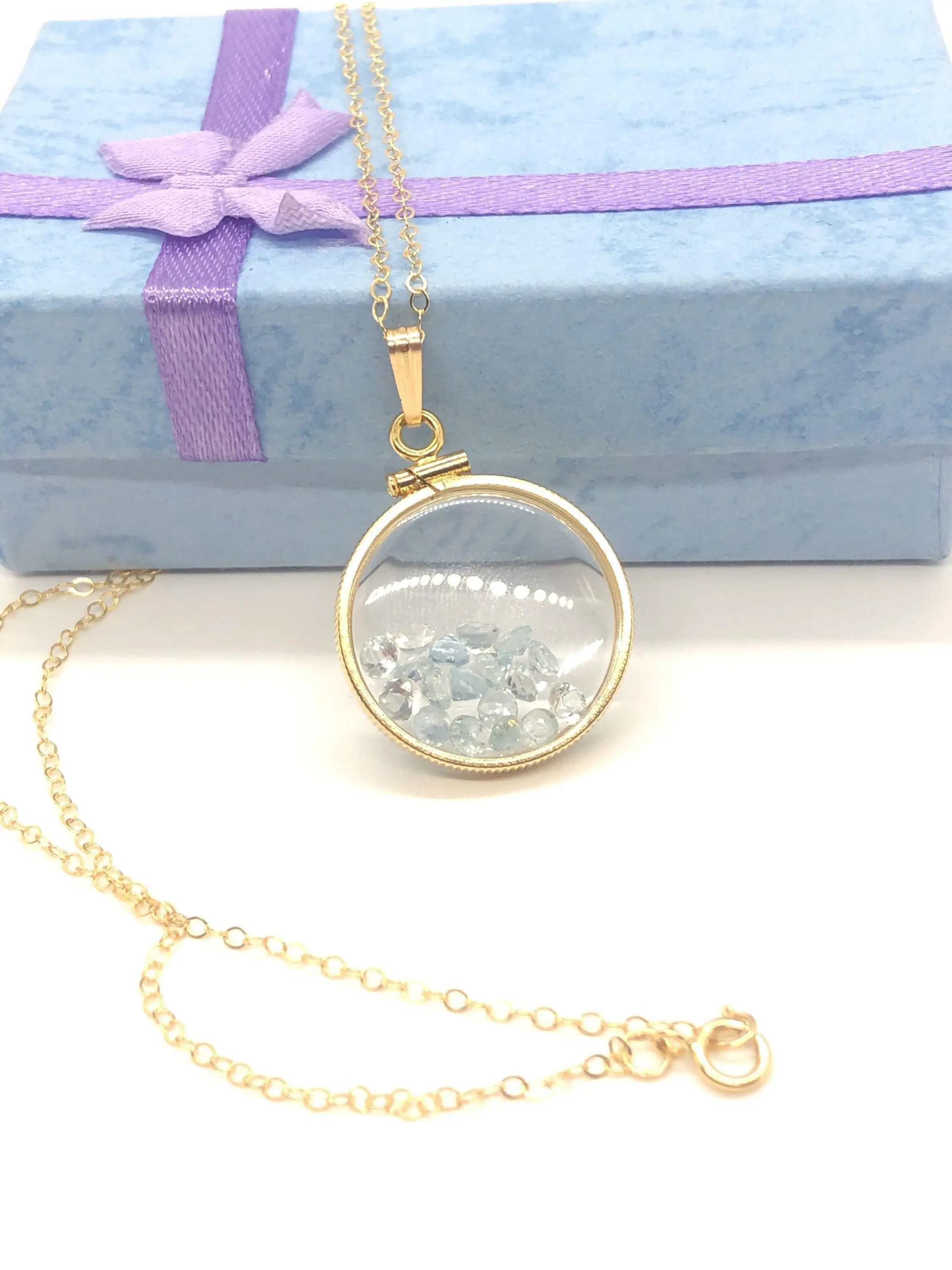Handmade 2.0 tcw aquamarine shaker locket 14k gold filled or sterling silver  with march birthstone
