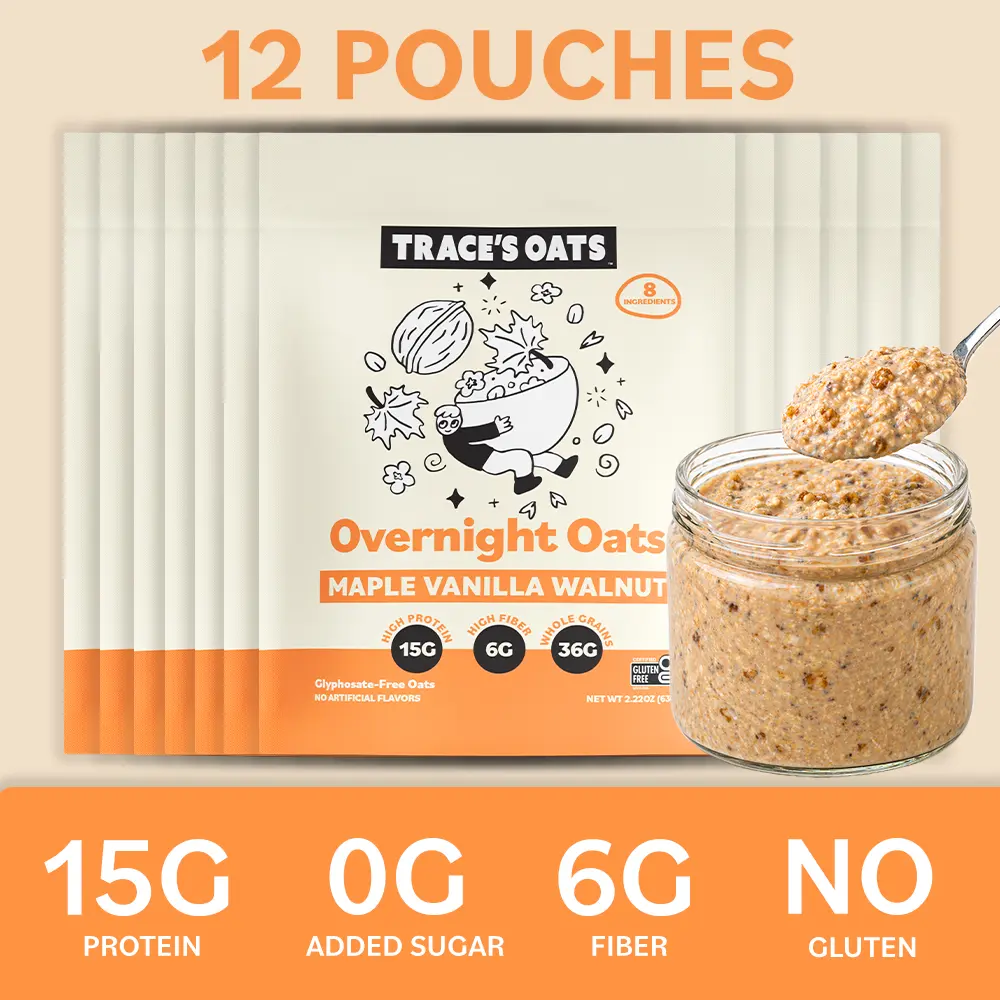 Trace's Oats Maple Vanilla Walnut Instant Oatmeal, 12 Pack, 15g Protein, 0g Added Sugar, Gluten Free, High Fiber High Protein Breakfast