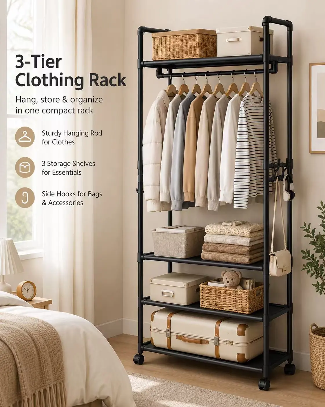 Metal 3-Tier Rolling Clothing Rack with Wheels, Hangable Closet Organizer with Hanging Rod, Side Hooks, 3 Storage Shelves, Boxes for Bedroom & Entryway Room Storage (Black, White 2 Colors) Clothes Racks Clothes Storage Organiser