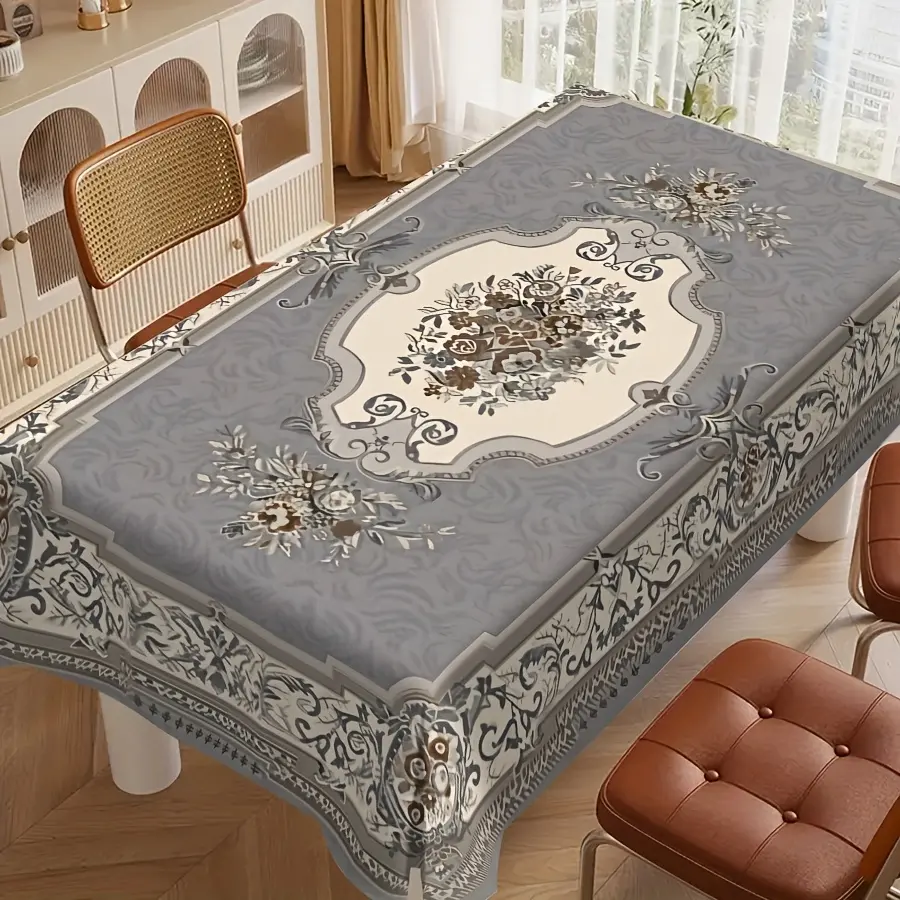 EastJia Made in USA Neutral Gray Synthetic Polyester Rectangle Tablecloth - 120x60 Inches/102"-60", Floral Print, Vintage European-Nordic Style, Wrinkle Resistant, Washable, Reusable - Ideal for Home, Parties, 120 X 60 Inches