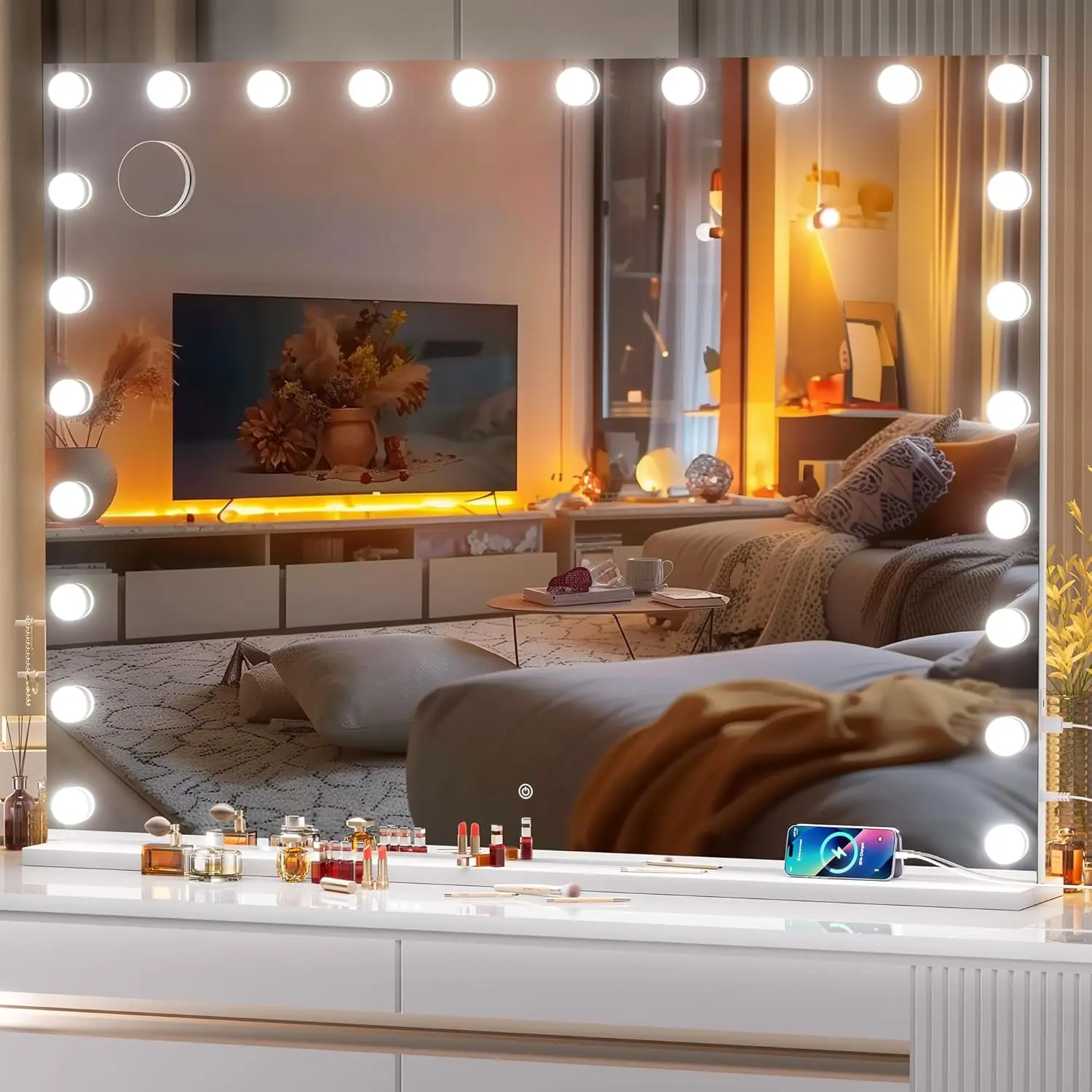 Hasipu Square Hollywood Vanity Mirror for Home Decoration, Tempered Safety Shatterproof Glass, Dimmable Bulbs with Adjustable Brightness, 5X Magnification, USB Charging, Anti-Fingerprint AF Coating, Desk-Hanging Removable Mount, Music & Calls Compatible