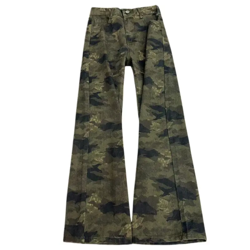 Men's Camouflage Jeans, Comfortable Slim Fit Denim with a Slight Flare for Stylish Casual Summer Streetwear, Slight Flare Design, Camo Print, Mid Waist, Trousers, Street Look, Pure Cotton, All Seasons, Fashion