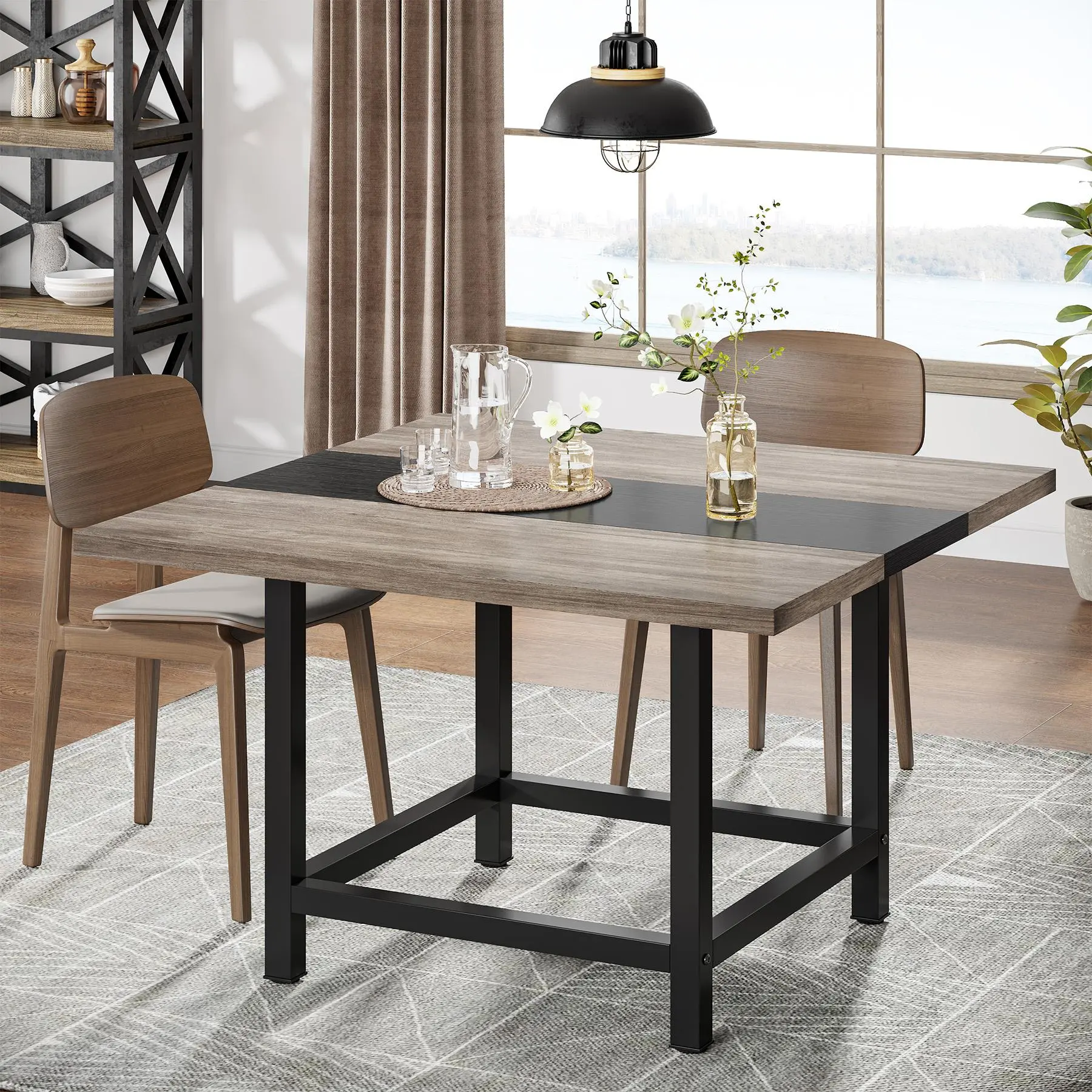 TRIBEWOOD Rustic 3-4 Person Square Conference Table - Sturdy Frame, 2-Tone Large Top, E1 Particleboard, 39.2in x 39.2in x 29.5in, Small Space Home Office Computer Desk, Assembly Required, Chairs Not Included