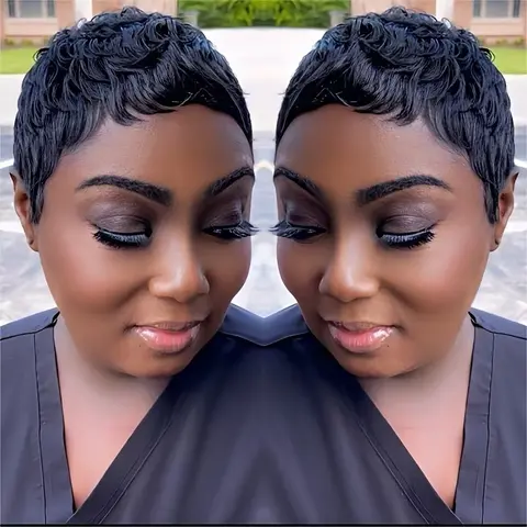 OPQHAIR Female Adult Human Hair Full Machine Pixie Cut Wig, 4-in Classic Short Style with Bangs, Glueless Easy-to-Install Lightweight Wig, Elastic Net Cap for Breathe Easy Comfortable Wear, Ideal for Daily Use & Carnival Events