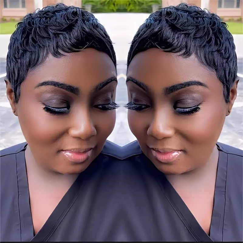 Classic short pixie cut wig with bangs. Only 4 inches, lightweight and glueless. Elastic net cap for comfortable wear. Perfect for daily use, Mother’s Day and carnival events.