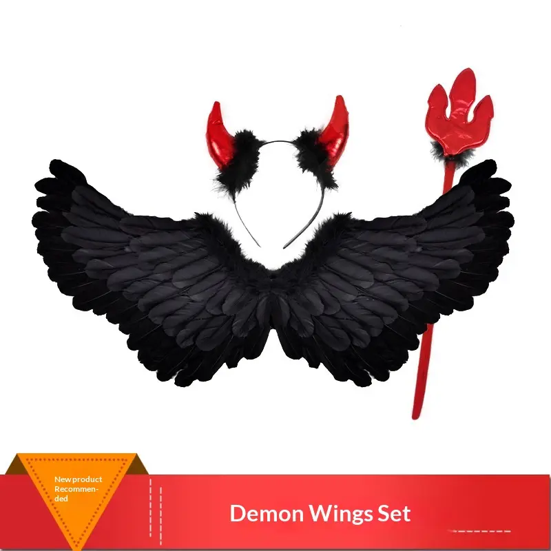 Halloween Cosplay Demon Horn Headwear & Fallen Angel Wings Black Stage Performance Decoration Props Set
