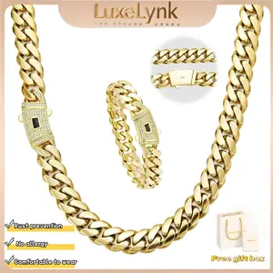 【Set】14K gold-plated Cuban necklace and bracelet combination set, new anti-rust technology, comfortable to wear and non-allergic. 6/8/10/12/14mm can be selected. Suitable for leisure, business, entertainment and any other occasions