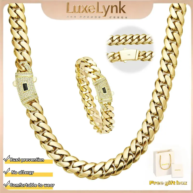 【Set】14K gold-plated Cuban necklace and bracelet combination set, new anti-rust technology, comfortable to wear and non-allergic. 6/8/10/12/14mm can be selected. Suitable for leisure, business, entertainment and any other occasions