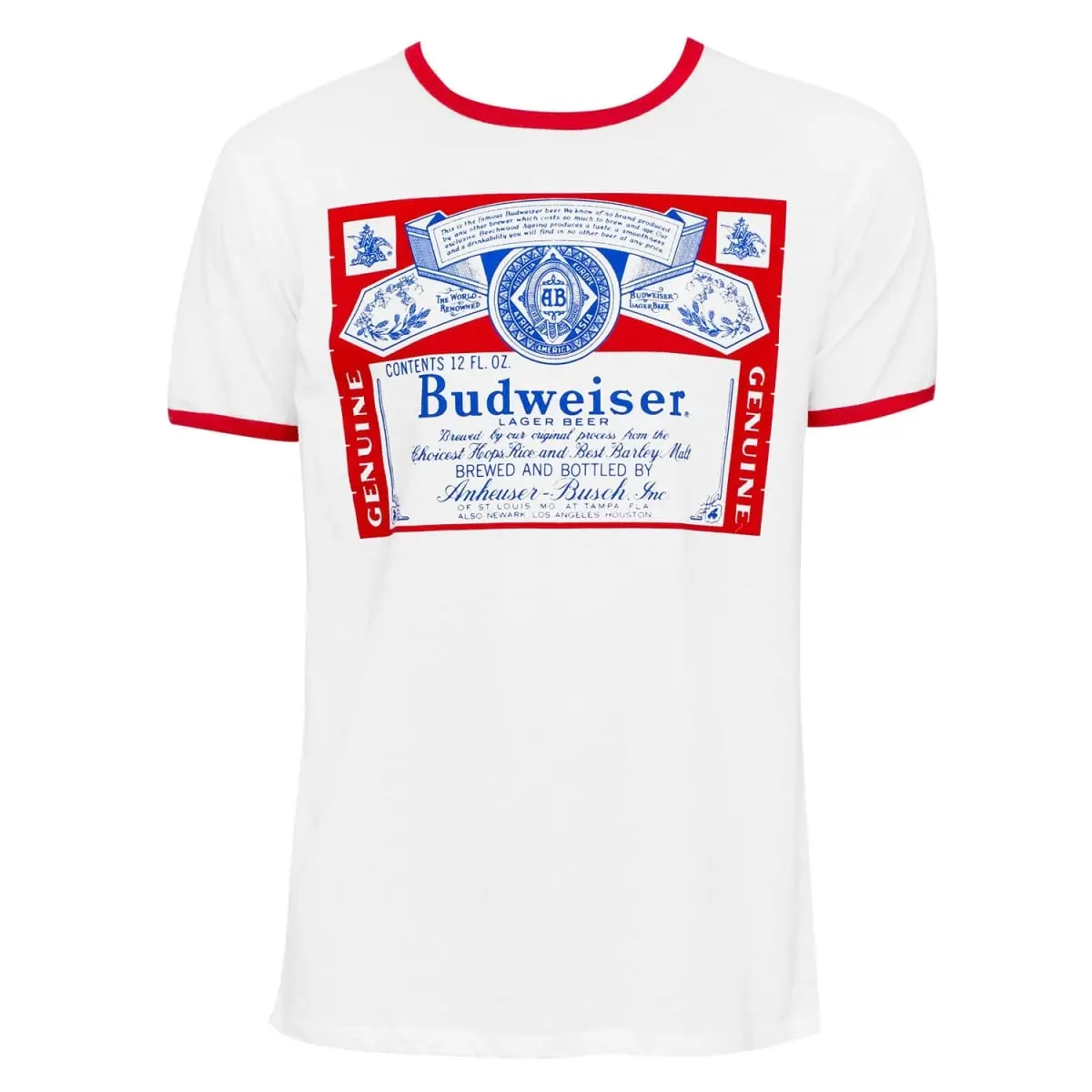 Budweiser Men's Casual Cotton Short-Sleeve Round Neck Ringer T-Shirt - Tee, Extra Large, Tshirt, Shortsleeve, Top, Original, Tops, Menswear, Logo Print, Ringer Trim, Basic