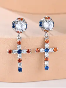 A pair of fully encrusted diamond cross earrings, Cross Dangle Earring, synthetic crystal, stylish and elegant, suitable for weddings and daily wear as women's jewelry.