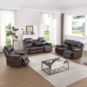 Brown Semi PU And PVC 3-Piece Couch Living Room Sofa Set, premium semi PU & PVC blended material, classic warm brown tone, waterproof scratch-resistant surface, sturdy frame modern living room furniture for daily use