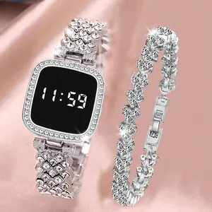 Women Digital Watch Set FREE Bracelet Square LED Ladies Watch Alloy Student Girl Touch Fashion Electronic Women's Watch